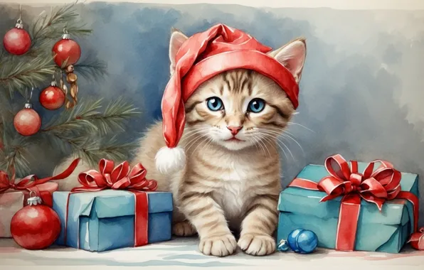 Кошка, взгляд, шарики, ветки, поза, котенок, рисунок, котик