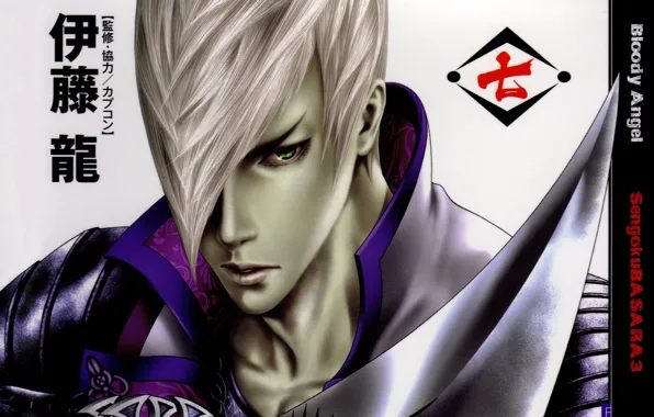 Лицо, доспехи, самурай, иероглифы, клинок, челка, Sengoku Basara, Mitsunari Ishida
