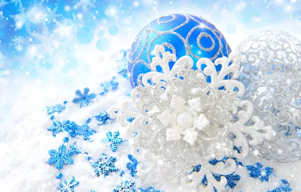 Снежинки, шары, узоры, игрушки, блеск, Новый Год, Рождество, декорации