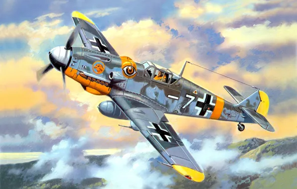 Картинка небо, облака, рисунок, истребитель, арт, немецкий, WW2, Bf - 109G - 6