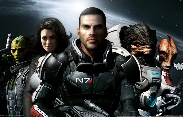 Картинка космос, оружие, команда, Mass Effect 2, captain shepard