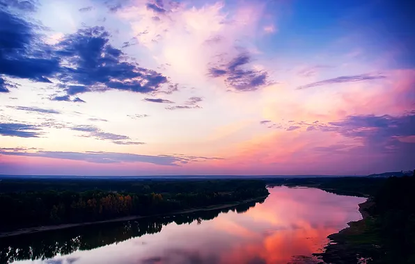 Картинка облака, закат, гладь, отражение, река