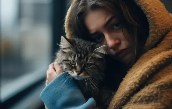 Грусть, кошка, кот, девушка, серый, печаль, рука, окно