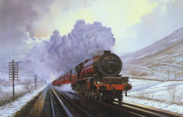 Картинка зима, снег, пейзаж, горы, дым, поезд, паровоз, картина