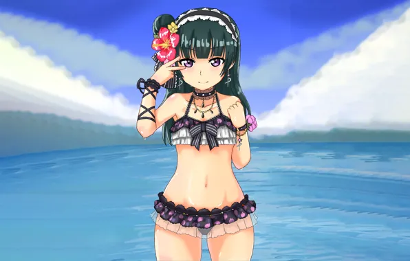 Girl, sexy, cleavage, beach, long hair, sea, boobs, anime