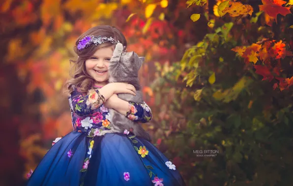 Картинка осень, улыбка, настроение, платье, девочка, котёнок, друзья