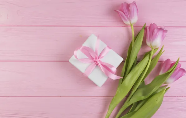 Картинка цветы, подарок, букет, тюльпаны, love, розовые, fresh, wood