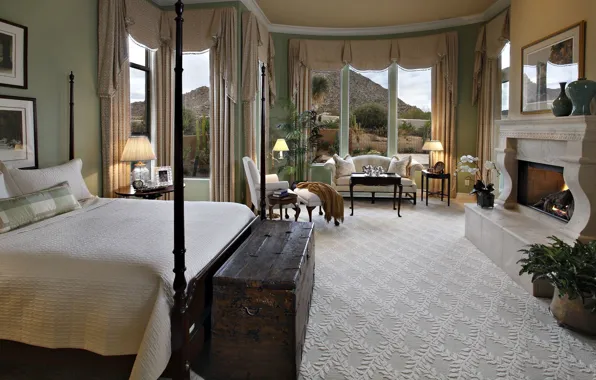 Дизайн, стиль, комната, интерьер, Аризона, камин, спальня, North Scottsdale Residence