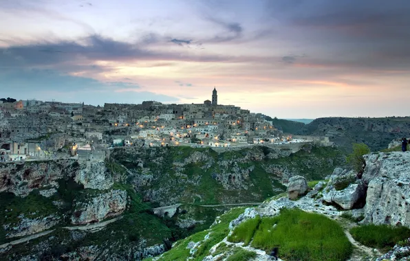 Небо, Горы, Горизонт, Италия, Italy, Живописный пейзаж, Park Rock Churches Matera Basilicata, Скальные церкви в …