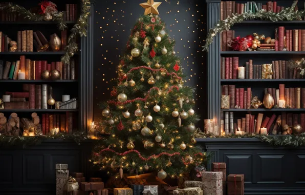 Картинка украшения, комната, шары, книги, елка, интерьер, Новый Год, Рождество
