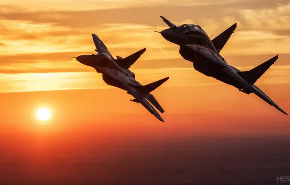Картинка Закат, Небо, Облака, Истребитель, Миг-29, ВВС Польши, HESJA Air-Art Photography