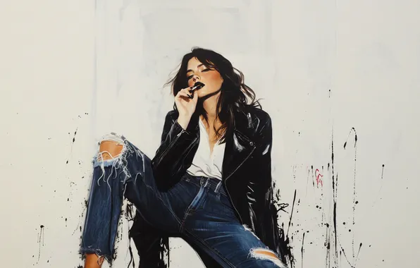 Картинка brunette, cigarettes, leather jacket, AI art
