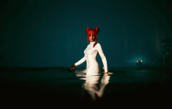 Вода, Девушка, Ночь, Рыжая, Позирует, Cyberpunk 2077, Белое платье, Cyberpunk 2077 . Киберпанк