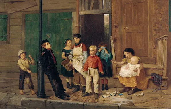 Картинка дети, улица, картина, жанровая, Джон Джордж Браун, Соседский Хулиган