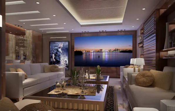 Диван, столы, помещение, HOME THEATER AREA, пдсвечник