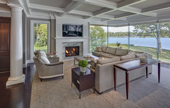 Дизайн, стиль, вилла, интерьер, камин, гостиная, Michigan, Lake House