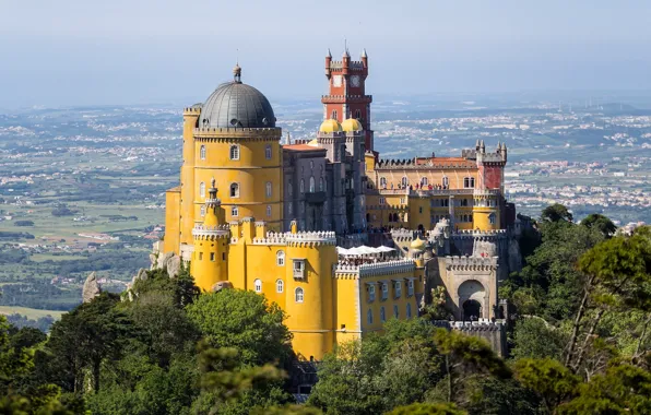 Небо, замок, башня, гора, долина, Португалия, купол, дворец Пена