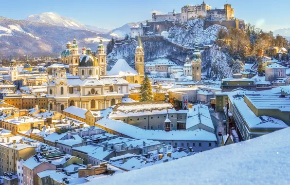 Картинка зима, снег, замок, здания, гора, дома, Австрия, панорама