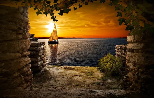 Sunset, lake, cave, sailing