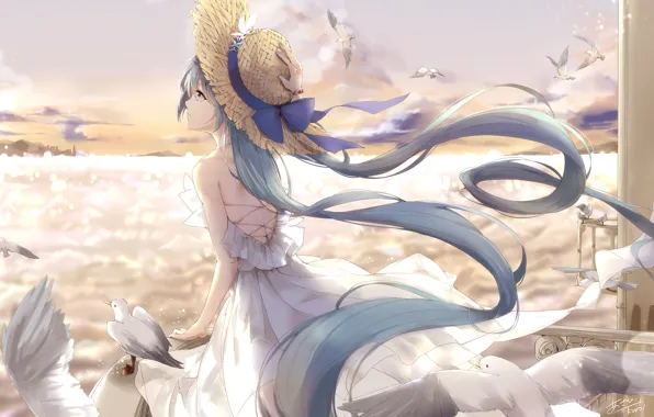 Девушка, птицы, голуби, шляпка, Hatsune Miku, Vocaloid, Вокалоид, Хатсуне Мику