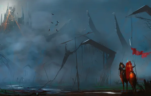 Картинка город, туман, скала, человек, арт, всадник, знамя