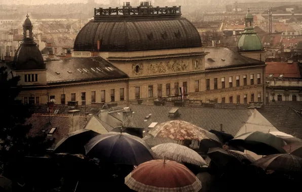 Картинка город, дождь, здания, дома, крыши, зонты