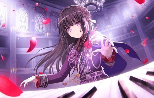 Девушка, музыка, лепестки, клавиши, BanG Dream!