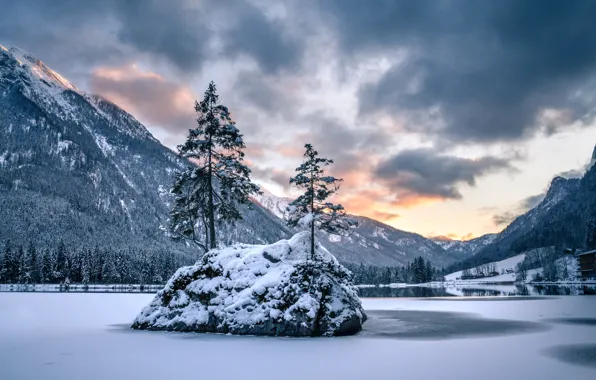 Картинка зима, снег, деревья, горы, озеро, остров, Германия, Бавария