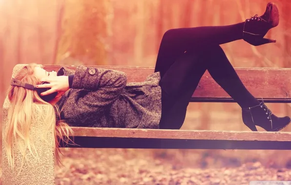 Music, girl, sexy, park, blonde, shoes, bank