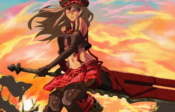 Girl, twilight, hat, anime, art, sunrise, weapons, artwork