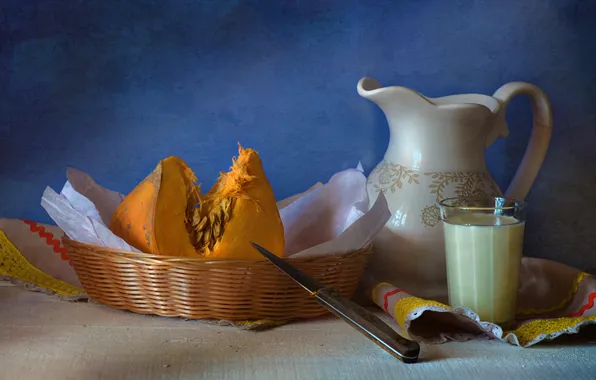 Стакан, корзина, молоко, нож, посуда, тыква, натюрморт, салфетка