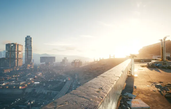 Закат, город, nightcity, cyberpunk2077