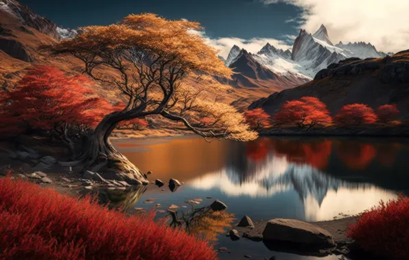 Осень, небо, снег, пейзаж, горы, природа, озеро, камни