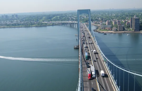 Машины, мост, река, Нью-Йорк, панорама, New York City, East River, Ист-Ривер