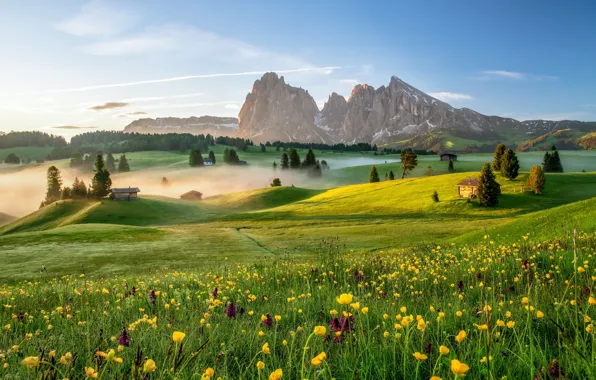 Картинка горы, туман, утро, Италия, Доломитовые Альпы, Альпе-ди-Сьюзи