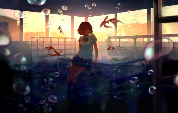 Картинка девушка, рыбы, закат, улыбка, пузыри, аниме, арт, форма