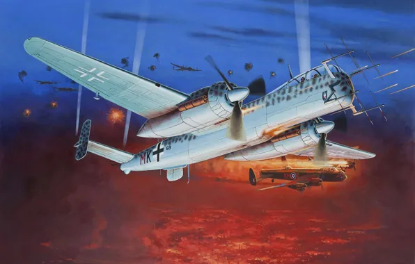 Картинка арт, двухмоторный, поршневой, ночной истребитель, Heinkel, Хейнкель, He-219, «Филин»