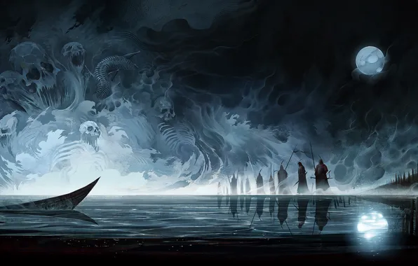 Картинка озеро, отражение, люди, луна, лодка, дух, арт, души