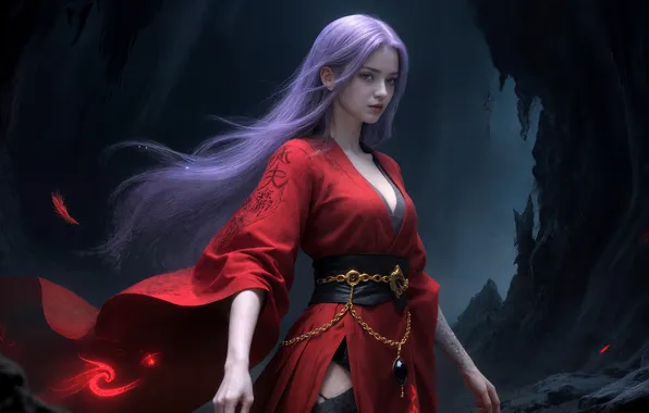 Картинка red, girl, dress, hair, lilac