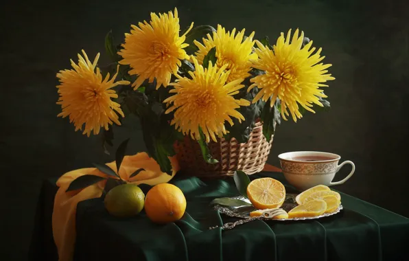Цветы, стол, чай, букет, желтые, кружка, чашка, ткань