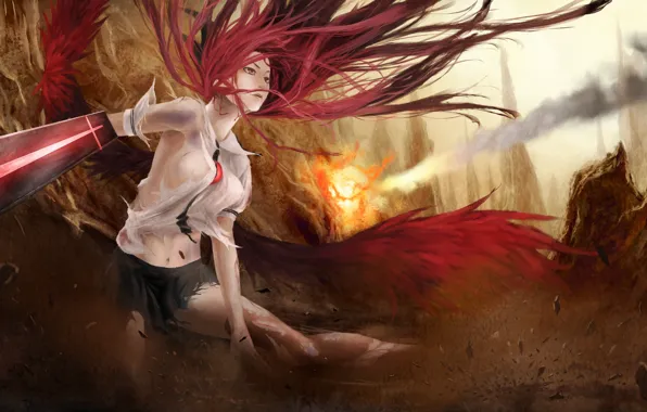 Картинка девушка, оружие, крылья, длинные волосы, reiuji utsuho, touhou, solo, красные волосы