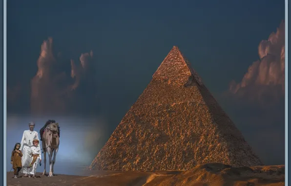 Люди, верблюд, пирамида, Египет, ART, Арт, туризм, Egypt