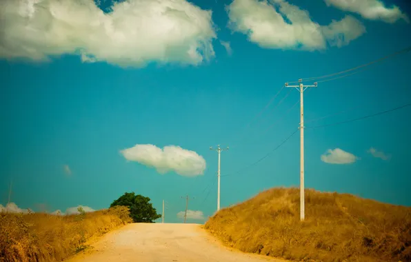 Дорога, небо, облака, дерево, сельская местность, солнечный, линии электропередачи