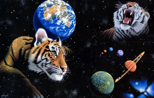 Космос, планета, арт, Земля, тигры, William Schimmel