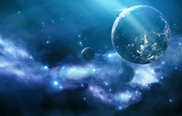 Картинка космос, туманность, сияние, планеты, звёзды, Blue nebula, unknown planet