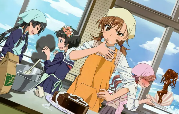 Кухня, девчонки, Toaru Kagaku no Railgun, готовка, Сираи Куроко, Микото Мисака, Кадзари Уихару, Руико Сатэн