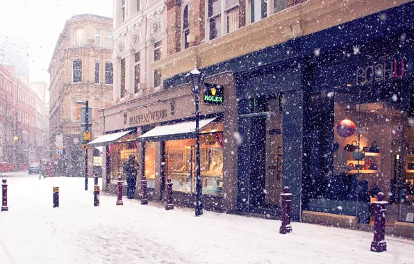 Картинка зима, снег, город, улица, европа, магазины