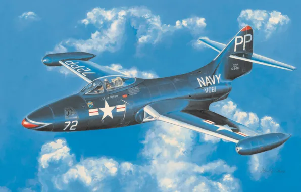 Картинка war, art, painting, aviation, jet, Grumman F9F Panther