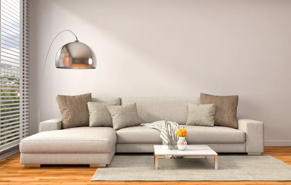 Дизайн, диван, интерьер, подушки, окно, модерн
