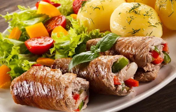 Картинка зелень, мясо, овощи, помидоры